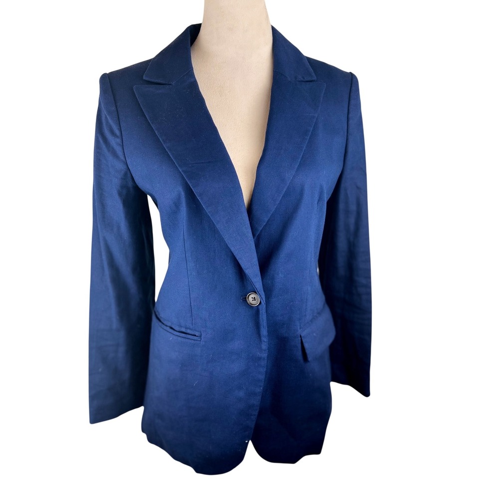 Banana Republic Women Navy Blue Linen Blend Single Button Blazer Jacket 4